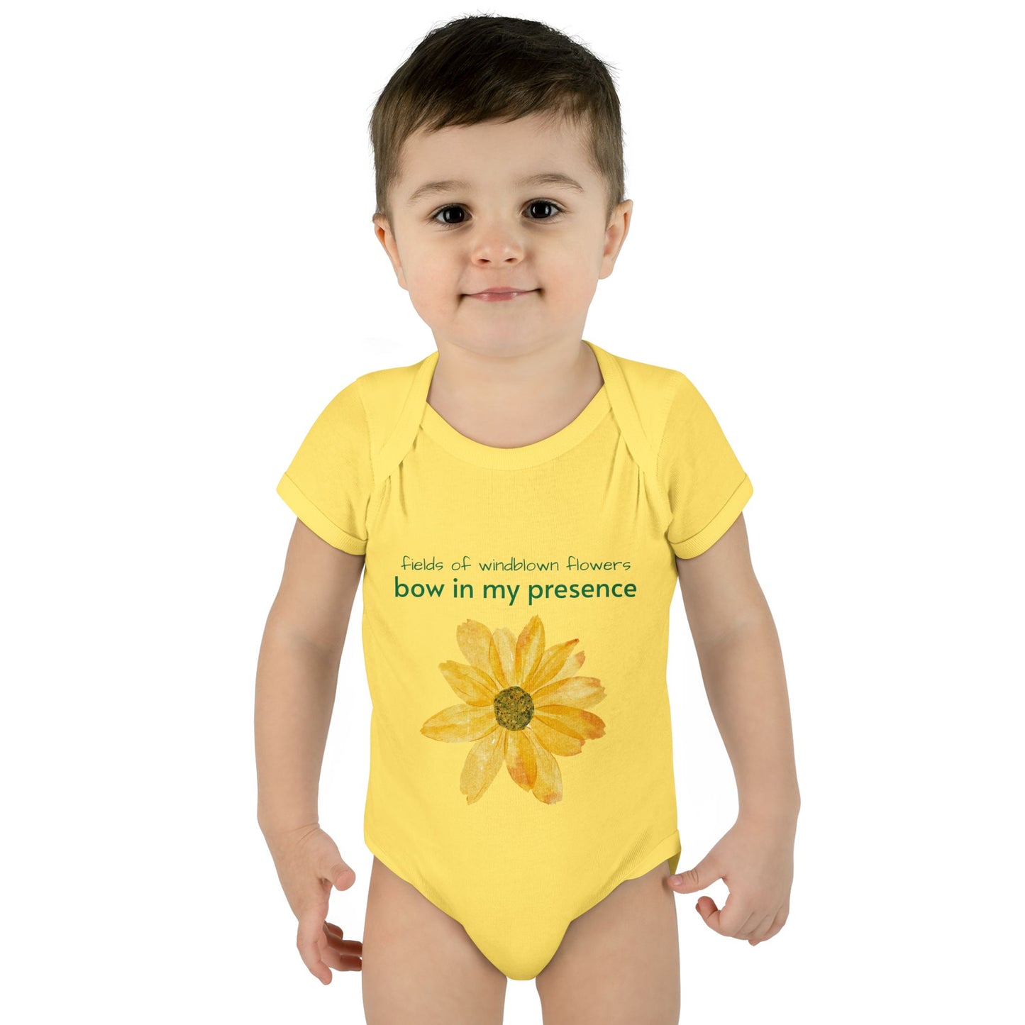 Personalizable Inner Neck Label "Bow In My Presence" Baby Bodysuit with Sunflower adornment by Victoria & Co.