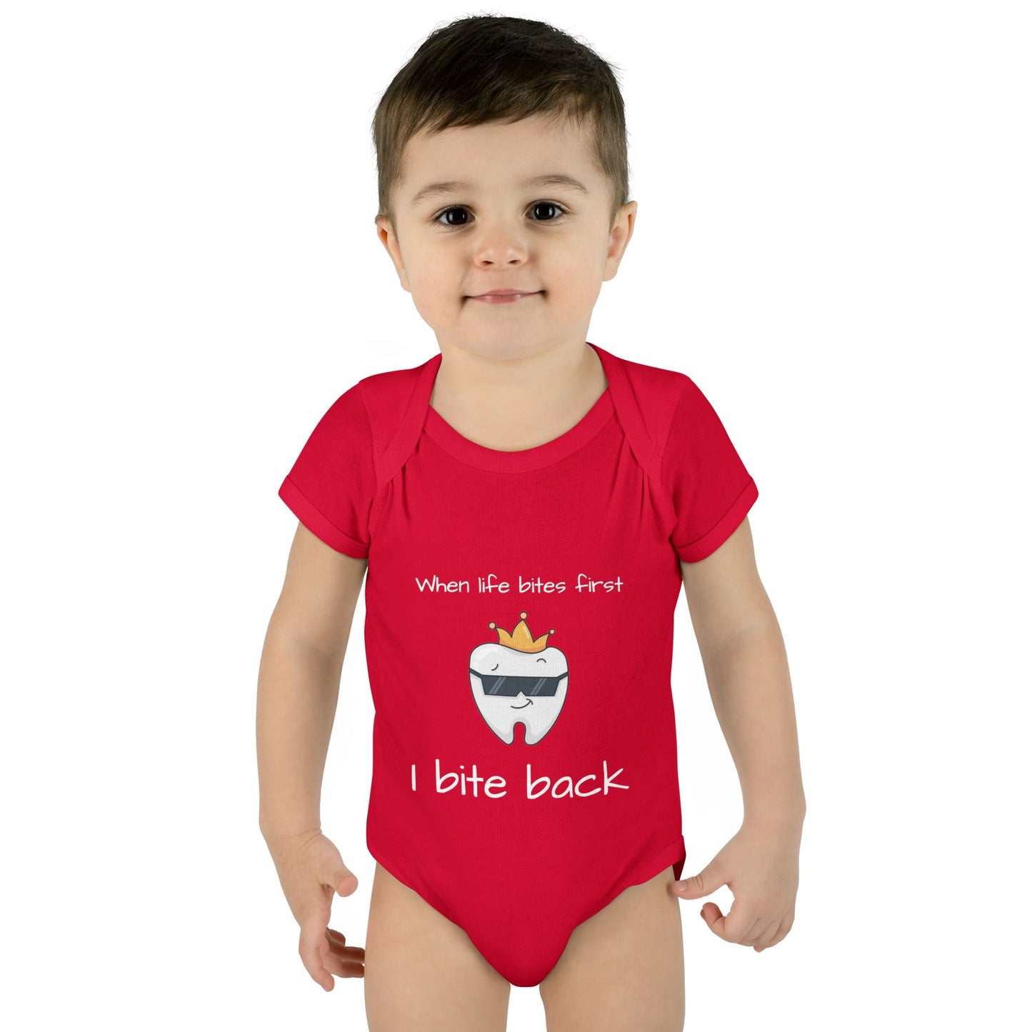 Bite Back Unisex |Personalizable Inner Neck Label Baby Onesie for newborn to 24 mo, 3-Snap Closure for Shower Gift, Victoria & Co Design