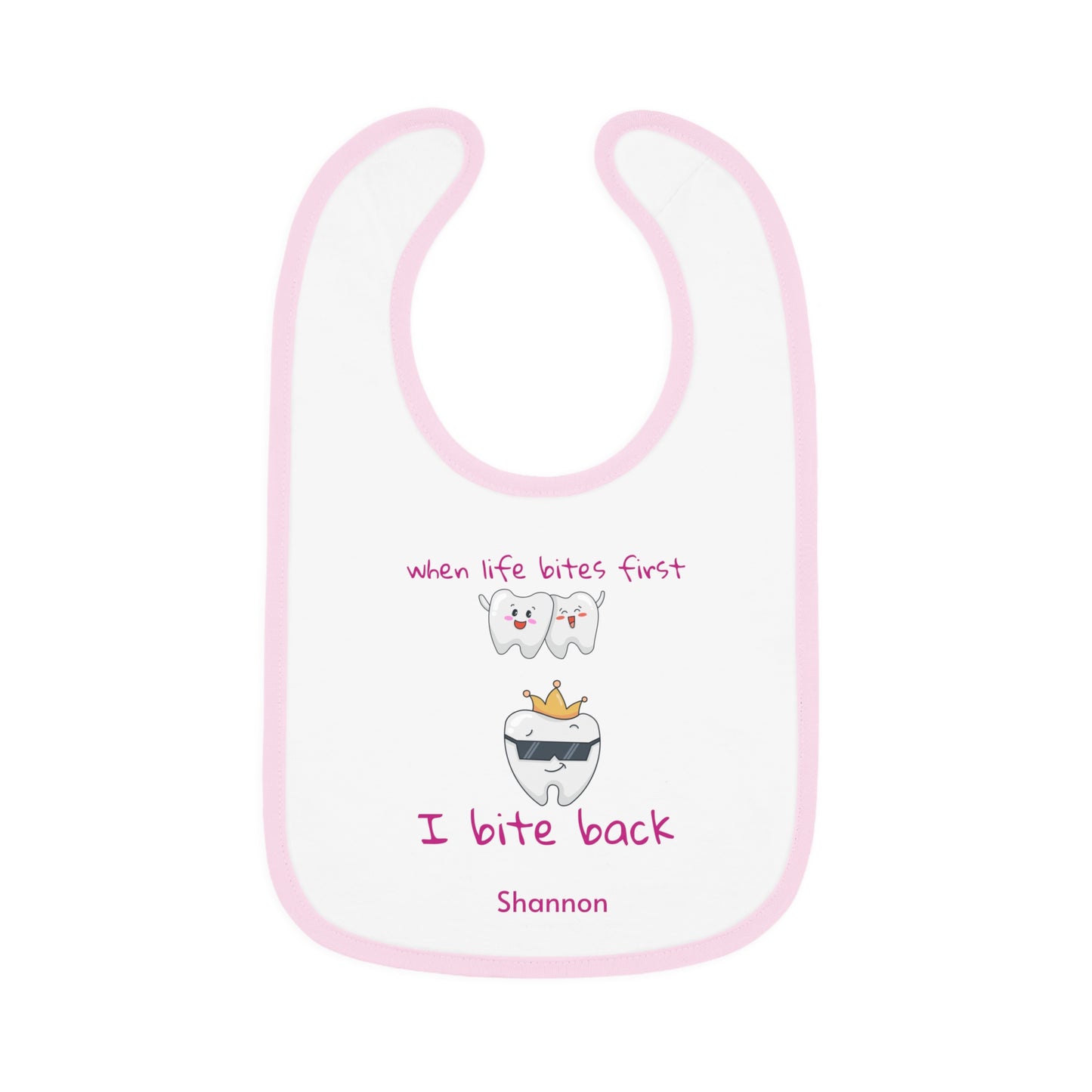 Personalizable Bite-Back Baby Bib, Contrast Trim, Velcro Closure, Soft Cotton, Mealtime Essential, Baby Shower Gift, Infant