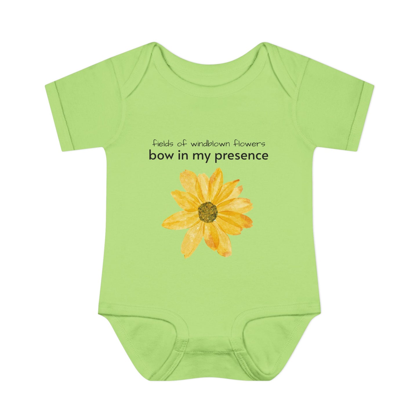 Personalizable Inner Neck Label "Bow In My Presence" Baby Bodysuit with Sunflower adornment by Victoria & Co.