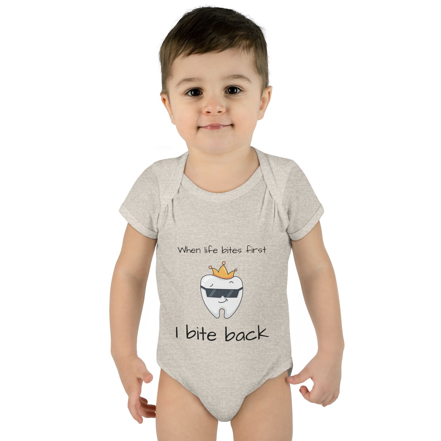 Bite Back Unisex |Personalizable Inner Neck Label Baby Onesie for newborn to 24 mo, 3-Snap Closure for Shower Gift, Victoria & Co Design