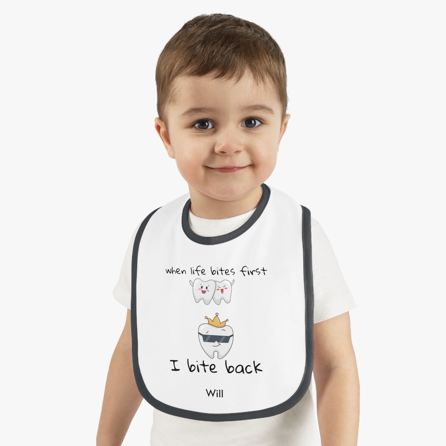 Personalizable Bite-Back Baby Bib, Contrast Trim, Velcro Closure, Soft Cotton, Mealtime Essential, Baby Shower Gift, Infant