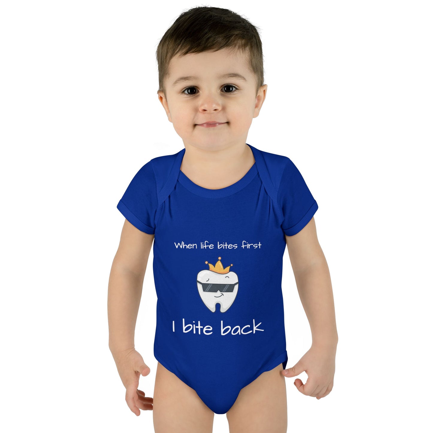 Bite Back Unisex |Personalizable Inner Neck Label Baby Onesie for newborn to 24 mo, 3-Snap Closure for Shower Gift, Victoria & Co Design