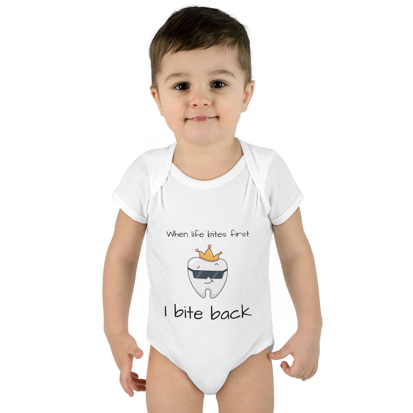 Bite Back Unisex |Personalizable Inner Neck Label Baby Onesie for newborn to 24 mo, 3-Snap Closure for Shower Gift, Victoria & Co Design