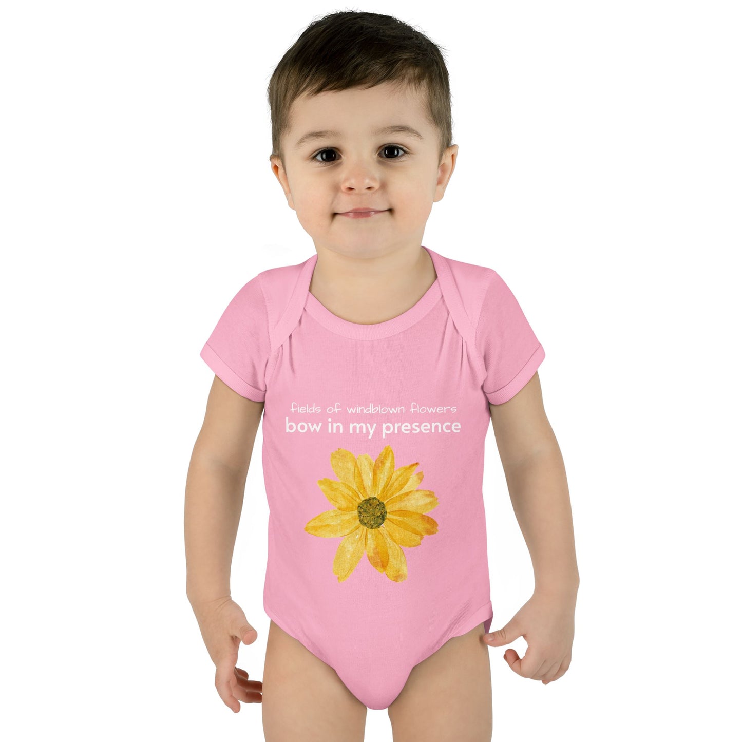 Personalizable Inner Neck Label "Bow In My Presence" Baby Bodysuit with Sunflower adornment by Victoria & Co.