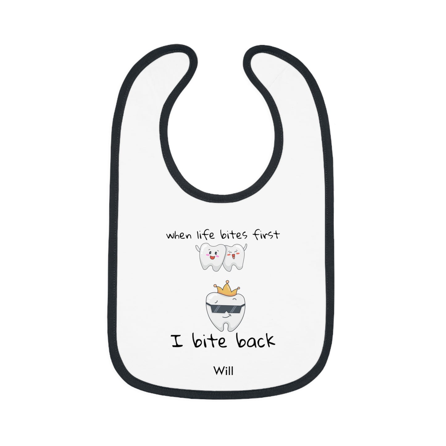 Personalizable Bite-Back Baby Bib, Contrast Trim, Velcro Closure, Soft Cotton, Mealtime Essential, Baby Shower Gift, Infant