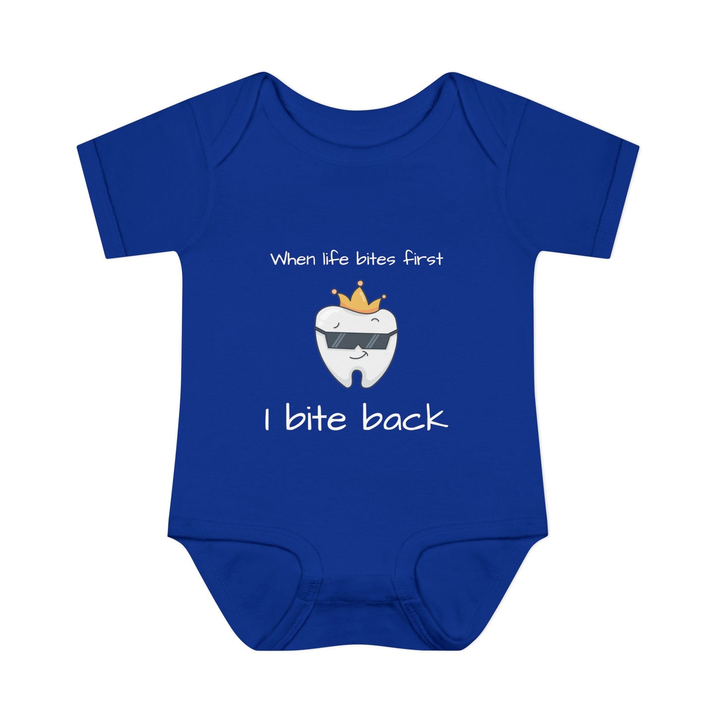 Bite Back Unisex |Personalizable Inner Neck Label Baby Onesie for newborn to 24 mo, 3-Snap Closure for Shower Gift, Victoria & Co Design