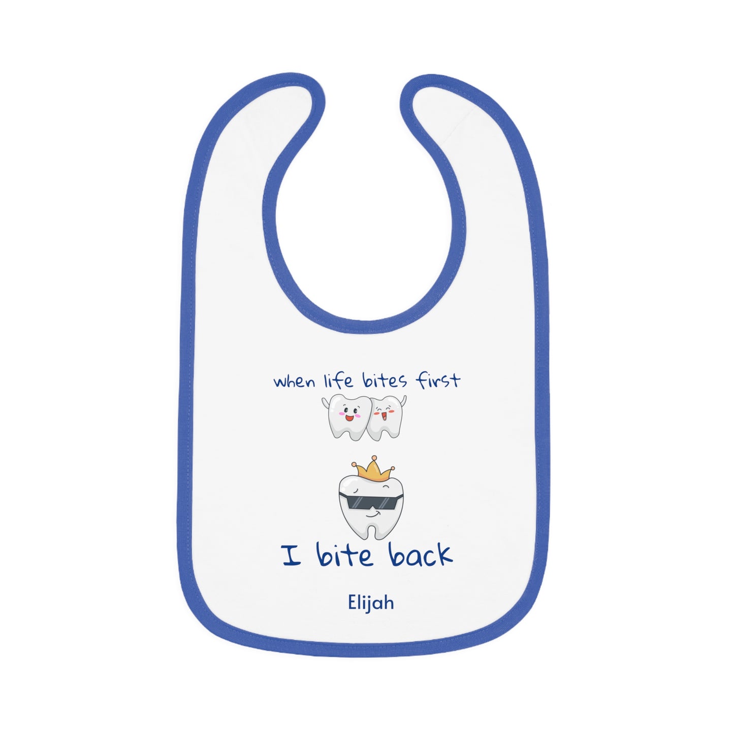 Personalizable Bite-Back Baby Bib, Contrast Trim, Velcro Closure, Soft Cotton, Mealtime Essential, Baby Shower Gift, Infant