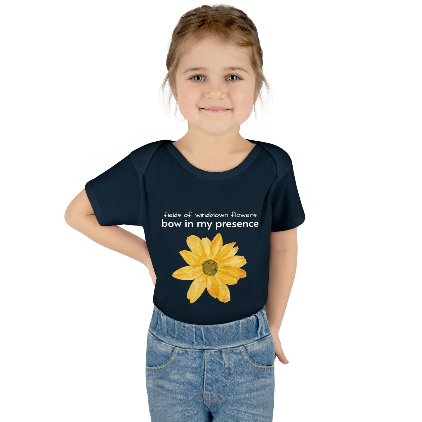 Personalizable Inner Neck Label "Bow In My Presence" Baby Bodysuit with Sunflower adornment by Victoria & Co.