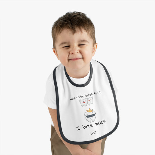 Personalizable Bite-Back Baby Bib, Contrast Trim, Velcro Closure, Soft Cotton, Mealtime Essential, Baby Shower Gift, Infant